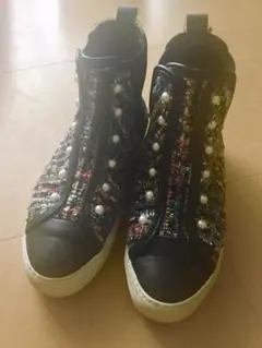 【サイドゴア】Hütte FRAGMENT／パール付きハイカットスニーカー