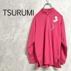 a0075【USED】ジップアップ長袖シャツ M ピンク 刺繍 スリット入り