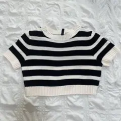 H&M 半袖クロップドニット S 黒と白のストライプ
