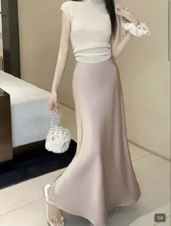 韓国 マーメイドスカート サテン ピンク ハイウエストのサムネイル