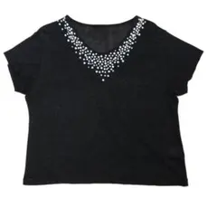 パール装飾付きラメ入り黒半袖Ｔシャツ　サイズ２Ｌ