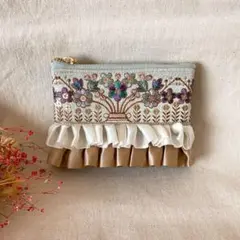 インド刺繍☆フラットポーチ/マルチポーチ/ミニポーチ2☆フェイクレザー