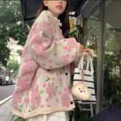 カーディガン可愛い大きいサイズ セーター カジュアル 丸襟 ゆったり着痩せ花柄冬