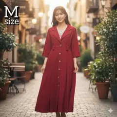 Mサイズ 赤 ロングワンピース コート風 前開き 金ボタン レトロ 古着風
