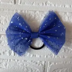 体操　チア　試合　チュールリボンゴム　青