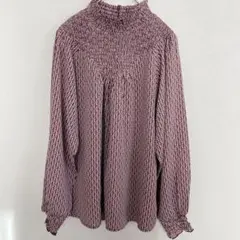 【美品】総柄シャーリングハイネックブラウス M〜L 幾何学模様 ブラウン系