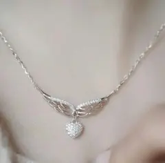 キュービックジルコニア ウィングハート ネックレス シルバーカラー