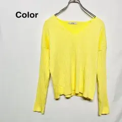 カラー　カーディガン　薄黄色 リブ編み 長袖　トップス　レギュラー丈　Vネック