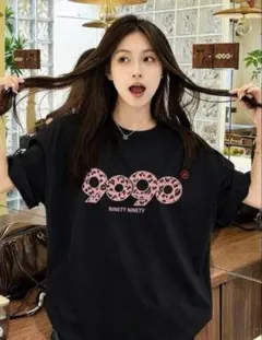 即購入可能⭐︎9090ロゴ付き半袖 Tシャツ ブラック ヒョウ柄　Mサイズ