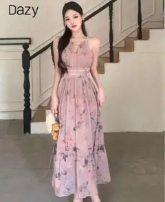 DAZYシフォン フローラルプリント ホルターネック ワンピース