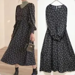 earth music & ecology 長袖ワンピース　花柄ワンピース　黒