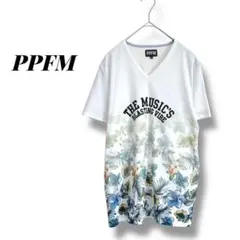 美品✨【ピーピーエフエム】　Tシャツ　半袖　Vネック　花柄　総柄　英字ロゴ　Mのサムネイル
