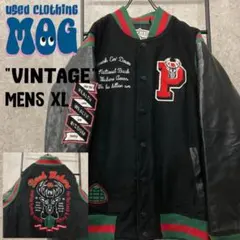 《US古着》ウールレザー 中綿キルティング スタジャン 刺繍ロゴ メンズXL