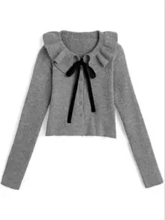 値下げGRLグレー フリル付きリボンニット
