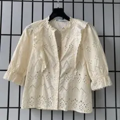 ZARA半袖レースブラウス　ザラブラウスレース刺繍　ZARAコットン綿ブラウス