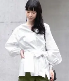 Ray BEAMS ブラウス ホワイト 七分袖 布リボンベルト付き