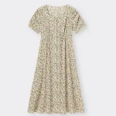 【GU】フラワープリントフロントボタンワンピース 花柄　ワンピースXL ベージュ