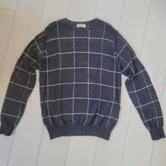 グレー チェック柄 ニットセーターXL　綿×カシミア混　Right-on