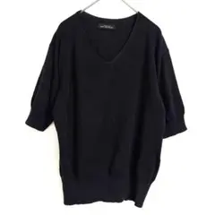 グリーンレーベルリラクシング　5分袖薄手ニット　黒　無地　Ｖネック　カジュアル