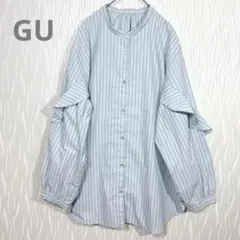 GU（ジーユー）フリルスリーブ バンドカラーシャツ ストライプ柄 ブルー系 M