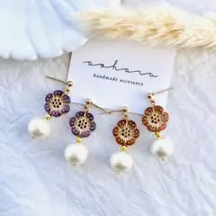 全2色 アンティーク レトロフラワー×コットンパール ピアス/イヤリング