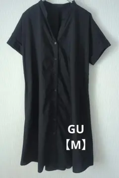 【М】GU 半袖 スキッパーロング丈シャツ チュニックワンピース ブラック 薄手のサムネイル