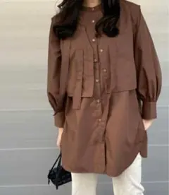ロミール◎3WAYバンドカラーシャツ ブラウス ペプラム ジレ バルーン袖 F