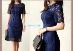 XIANGTEER ネイビー レース 半袖 ひざ丈ワンピース
