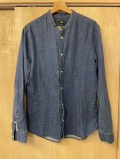 h&m 丸首　長袖シャツ　襟なし　デニム風デザイン　単色　ブルー