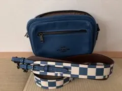 COACH 青 ショルダーバッグ チェック柄ストラップ