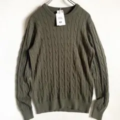 UNIQLO コットンカシミヤケーブルクルーネックセーター（長袖）　カーキ　M