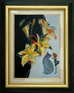 油絵 菅家令子 絵 絵画インテリア 額付(黒) uF6-050320 猫と女の子