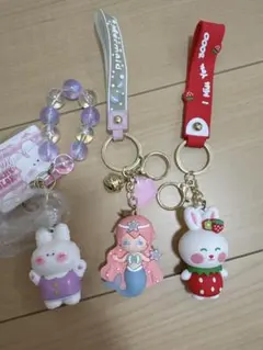 かわいいキャラクター キーホルダー 3個セット うさぎ 人魚 ストラップ