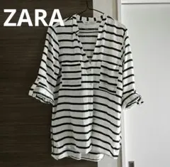 ZARA ストライプ　ノーカラーリネンシャツ