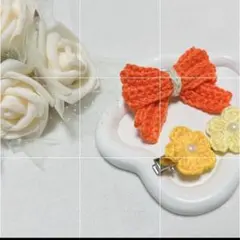 オレンジリボンとイエローフラワーヘアクリップセット