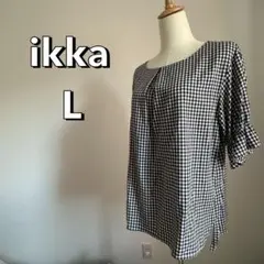 ikka ギンガムチェック　Tシャツ　半袖　ゆったり　ブラウス　袖リボン　L