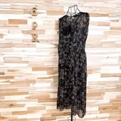 【ザラ】レトロ 透け感 シフォン ロング ワンピース 小花 花柄 タッセル L黒