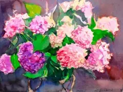 水彩画 紫陽花 花瓶 静物画 額装 F6号サイズ - メルカリ