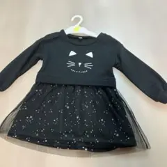 黒 猫顔プリント ワンピース