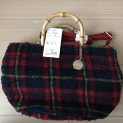 2way ボアショルダーバッグ　チェック　赤紺　ファー　クリスマス　バンブー