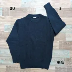 【美品】GU リブニット セーター S クルーネック ダークグリーン 綿100%のサムネイル