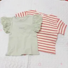 バースデー　フタフタ　Tシャツ　半袖　お花　パフスリーブ　　ストライプ　90cmのサムネイル