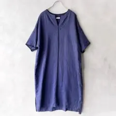 アシェット　リネン100 膝丈　刺繍チュニックワンピース　濃い青　サイズ1