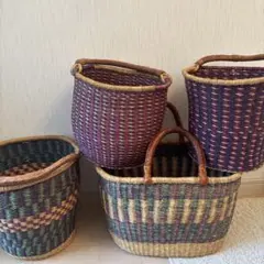 バスケット　4点セット　ブルキナファソ　ハンドル付きストライプバスケット