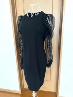 SHEIN パール付き シースルー袖 ワンピース ブラック　お呼ばれのサムネイル