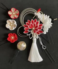 ＃808 ちりめん かんざし 髪飾り　鶴/ 8点セット 紅白　レトロ