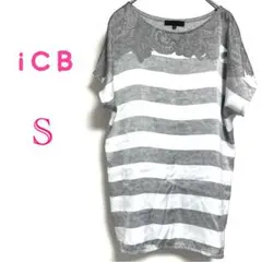 【iCB】 ボーダーTシャツ グレー 半袖 ペイズリー 上品 カジュアル 古着