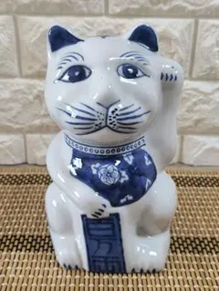 ☆【美品・希少】瀬戸焼 薬師窯 染付招き猫 右手上げ レアな高さ24cm