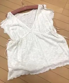 綿ニット 重ね着用 ニットチュニック サテンリボン付 肩見せ