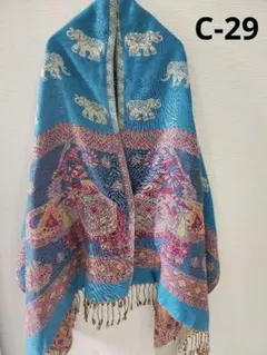 C-29　美品 アジアン系デザイン ストール パシュミナ100%